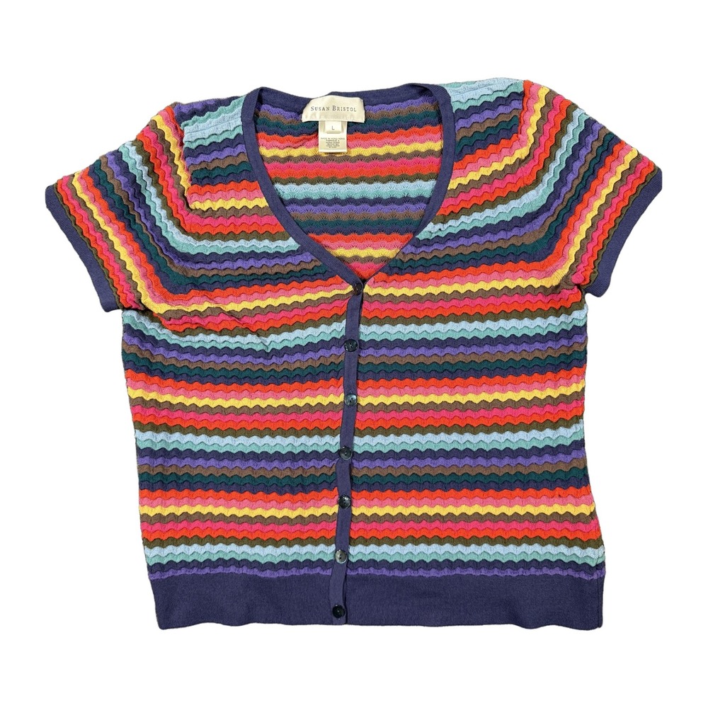 Susan Bristol Womens Y2K Rainbow Chevron Stripe Short Sleeve Cardigan Sweater L